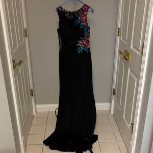 Jovani Black Maxi Dress with Red and Blue Floral Design